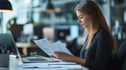 Poster - A businesswoman in a modern office reviewing an invoice on her laptop. Professional setting with financial papers and tech equipment