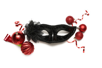 Sticker - Black carnival mask, Christmas balls and party horn on white background