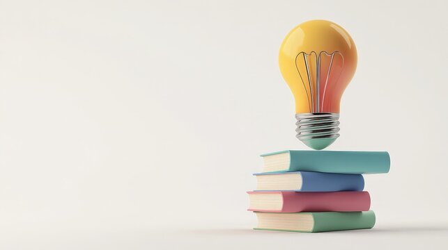 A captivating 3D rendering illustrates colorful books piled to form a light bulb. The minimalist white background enhances the concept of inspiration