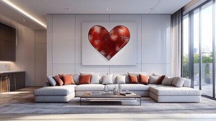 Poster - A captivating geometric heart art piece serves as the centerpiece in this modern living room, paired with plush furnishings and thoughtful design elements