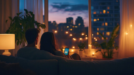 Couple uses mobile app to adjust smart lighting in stylish apartment with city view, personalized ambiance