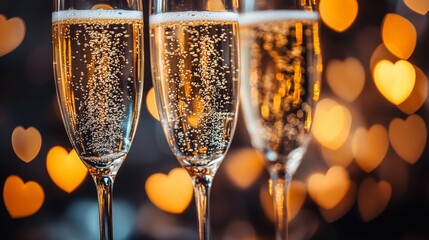 A close-up of champagne glasses filled with golden bubbles showcases their elegance against a heart-patterned backdrop and soft bokeh lights, celebrating love and romance