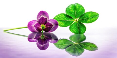 purple and green clovers with four leaf clover in the patch is reflected in water