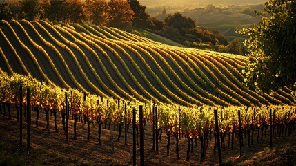 Wall Mural - Rolling vineyard rows bathed in golden sunlight at sunset.