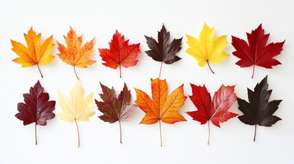 Poster - A collection of maple leaves in rich autumn hues, elegantly arranged against a clean white background for a striking visual contrast