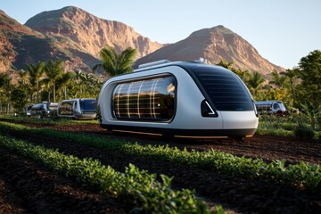 A futuristic rural community where advanced technology meets traditional living, with sleek, solar-powered homes and high-tech farming tools integrated into the natural landscape.