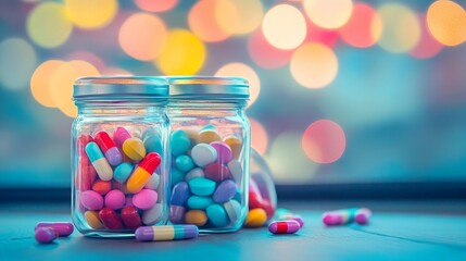 a delightful mix of colorful capsules fills glass jars, their cheerful tones set against a blurred b