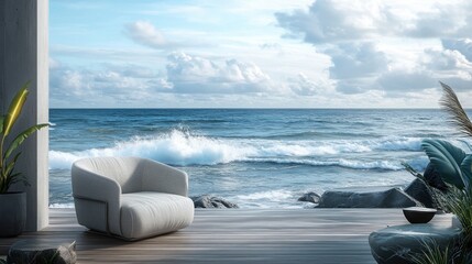 Mock up frame of a cozy seaside porch with a modern beige outdoor chair, wooden planks, and the ocean in the background