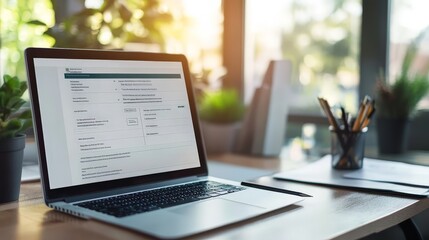 Poster - A digital e-invoice on a laptop screen in an office environment. Financial paperwork, modern tech, and a tidy workspace visible