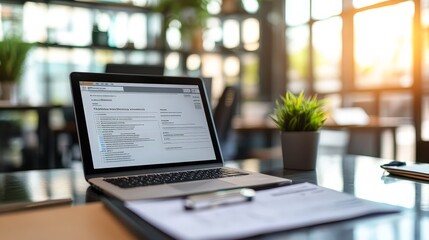 Poster - A digital e-invoice on a laptop screen in an office environment. Financial paperwork, modern tech, and a tidy workspace visible
