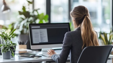 Poster - A focused businesswoman working on a computer in a contemporary office. The scene features a clean desk, laptop, and neatly arranged business documents