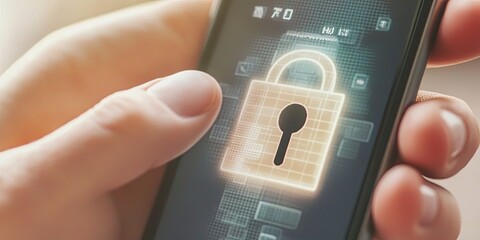 Wall Mural - Close-up of a hand holding a smartphone with a glowing padlock icon on the screen, symbolizing digital security and protection.