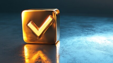 Aufkleber - A gleaming gold tick mark, embodying accuracy and approval. The gold's shine and reflection are striking against a plain, modern backdrop