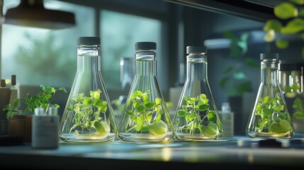 Poster - A lab bench displaying several Erlenmeyer flasks with pea plant samples, emphasizing ongoing scientific research and testing