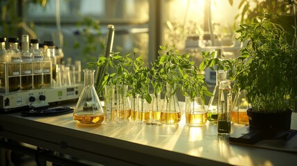 Poster - A lab table filled with Erlenmeyer flasks containing pea plant samples, illustrating ongoing botanical research and growth experiments