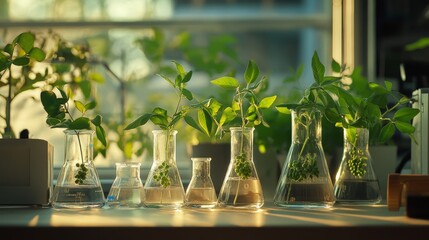Poster - A laboratory bench filled with Erlenmeyer flasks holding pea plants, representing scientific experimentation and botanical studies