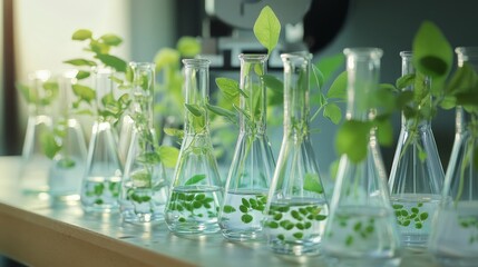 Poster - A laboratory bench filled with Erlenmeyer flasks holding pea plants, representing scientific experimentation and botanical studies