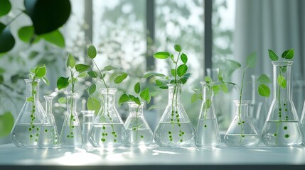 Poster - A laboratory bench filled with Erlenmeyer flasks holding pea plants, representing scientific experimentation and botanical studies