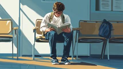 A student nervously waiting outside the exam room, holding a textbook and reviewing notes one last time.