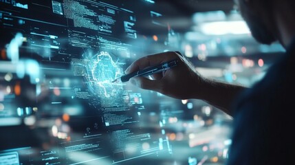 Poster - a man interacts with a holographic document management system, using a pen to navigate through float