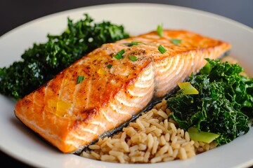 A light and balanced meal with baked salmon, steamed kale, and brown rice, drizzled with olive oil for a nutritious and wholesome dish.