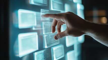 Poster - A man's hand touches a holographic display representing a document management system, illustrating organized files