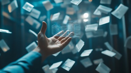 Poster - A man's hand reaches toward a hologram of a document management system, with files organized in a 3D space.