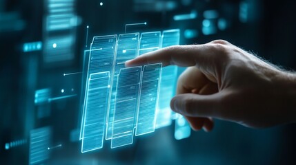 Poster - A man's hand touches a holographic display representing a document management system, illustrating organized files