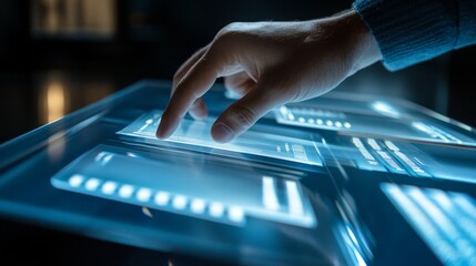 Poster - A man's hand touches a holographic display representing a document management system, illustrating organized files