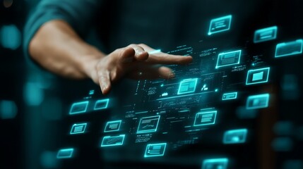 Poster - A man's hand touches a holographic interface of a document management system, with digital files organized around it.