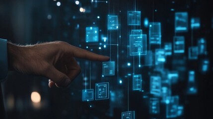 Poster - A man's hand touches a holographic interface of a document management system, with digital files organized around it.