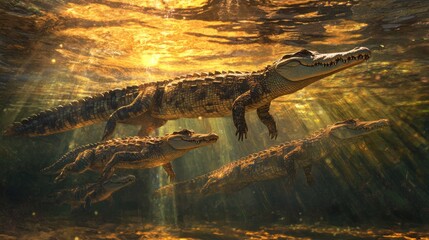 A family of crocodiles swimming together, with the sun casting beautiful reflections on the