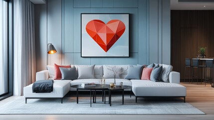 Poster - A modern interior design features a geometric heart artwork that captures the essence of love, paired with sophisticated furnishings and a tranquil color scheme