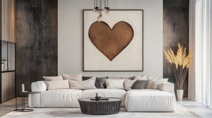 Poster - A modern interior design features a geometric heart artwork that captures the essence of love, paired with sophisticated furnishings and a tranquil color scheme