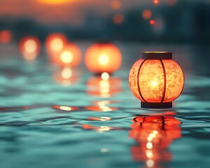 Poster - Glowing Asian lanterns drifting on the water, with their lights reflecting beautifully, setting an enchanting and tranquil mood
