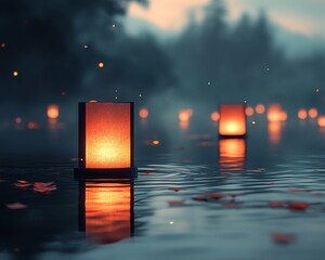 Poster - Glowing Asian lanterns drifting on the water, with their lights reflecting beautifully, setting an enchanting and tranquil mood