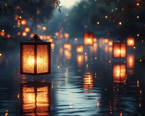 Poster - Glowing Asian lanterns drifting on the water, with their lights reflecting beautifully, setting an enchanting and tranquil mood