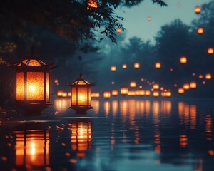 Poster - Glowing Asian lanterns drifting on the water, with their lights reflecting beautifully, setting an enchanting and tranquil mood