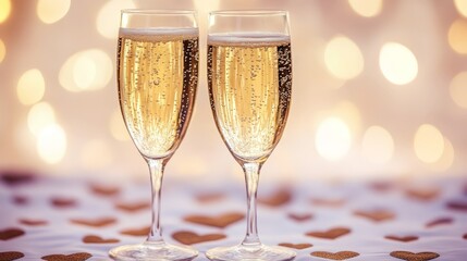 A pair of elegant champagne glasses filled with golden bubbles sits on a heart-patterned tablecloth, set against a soft bokeh background, perfect for Valentine's Day