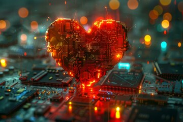 Poster - A heart shaped circuit board with glowing lights on it. AI.