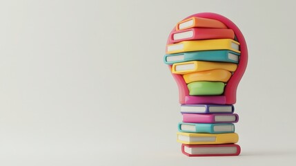 Poster - A playful 3D design illustrates a stack of colorful books arranged to form a light bulb. The simplicity of the white background