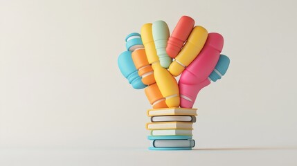 Poster - A playful 3D rendering depicts a stack of brightly colored books arranged to create the shape of a light bulb.