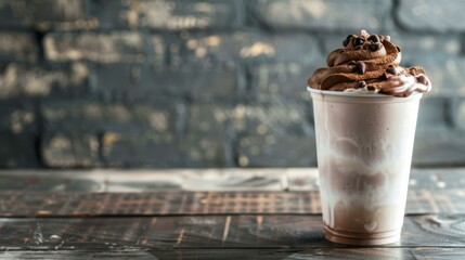 Sticker - A chocolate shake sitting in a cup on top of a table. AI.