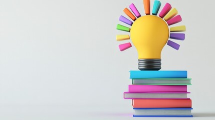 Poster - A playful 3D rendering depicts a stack of brightly colored books arranged to create the shape of a light bulb.