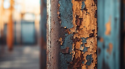 Poster - A close-up of a weathered, peeling metal pillar showcasing rust and texture.