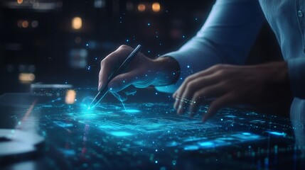 Poster - A professional man uses a pen to engage with a holographic display of a document management system, effortlessly manipulating digital files in a high-tech workspace