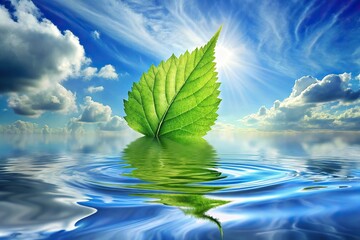 Reflection of green leaf and cloudy sky on water ripple abstract nature background Long Shot