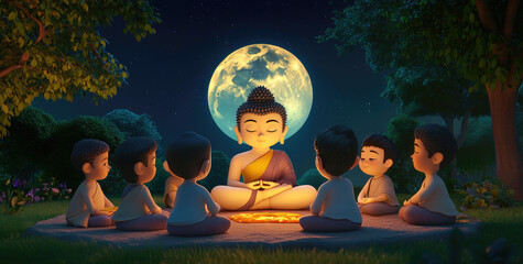 Wall Mural - cartoon Buddha was meditating in the sky, with five disciples sitting on his feet and holding hands to form an oval shape around him