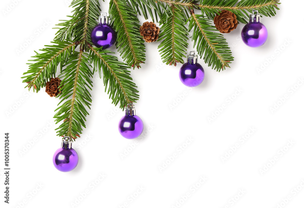 Christmas tree branches with balls and cones on white background