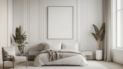 Poster - A sophisticated mockup poster frame complements the decor of a luxurious white bedroom, showcasing modern elegance and a tranquil ambiance